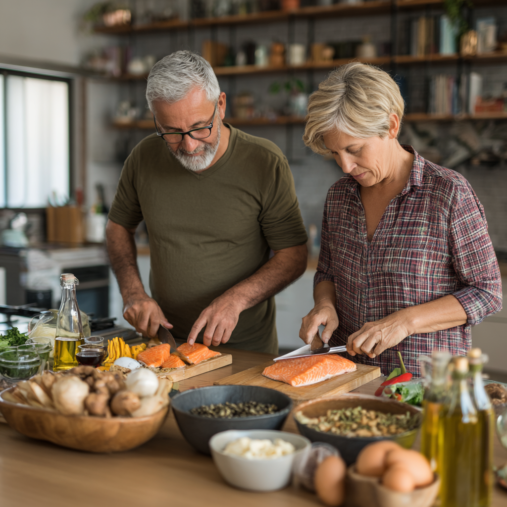 Balanced nutritious meal preparation by middle-aged adults in modern kitchen